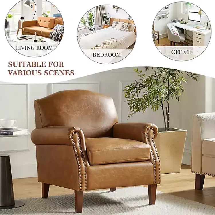 Accent Chairs-Kirklands Home Camel Faux Leather Nailhead Taylor Armchair Tan