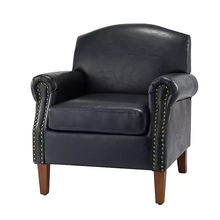 Accent Chairs-Kirklands Home Navy Faux Leather Nailhead Taylor Armchair Blue