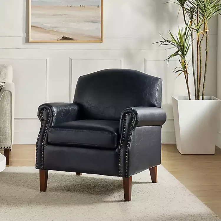 Accent Chairs-Kirklands Home Navy Faux Leather Nailhead Taylor Armchair Blue