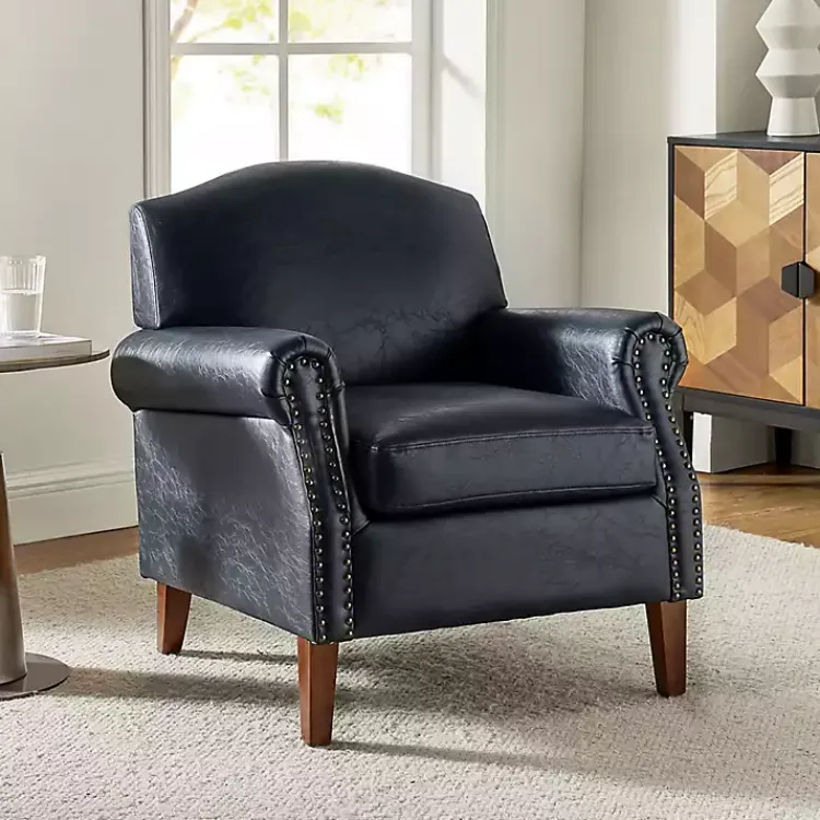 Accent Chairs-Kirklands Home Navy Faux Leather Nailhead Taylor Armchair Blue