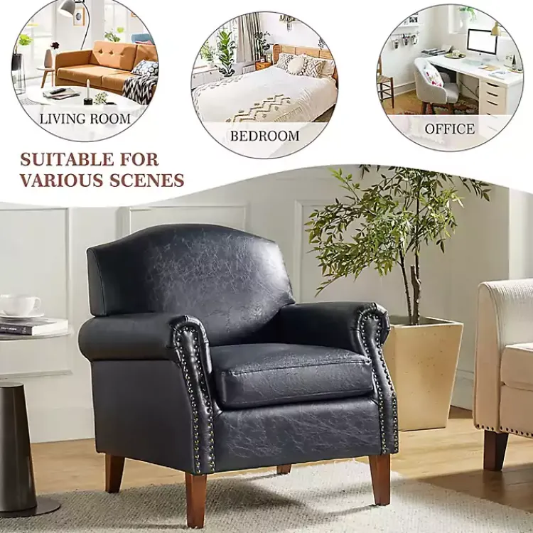 Accent Chairs-Kirklands Home Navy Faux Leather Nailhead Taylor Armchair Blue