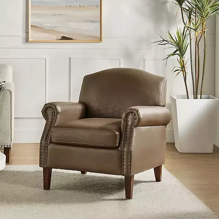 Accent Chairs-Kirklands Home Taupe Faux Leather Nailhead Taylor Armchair Brown