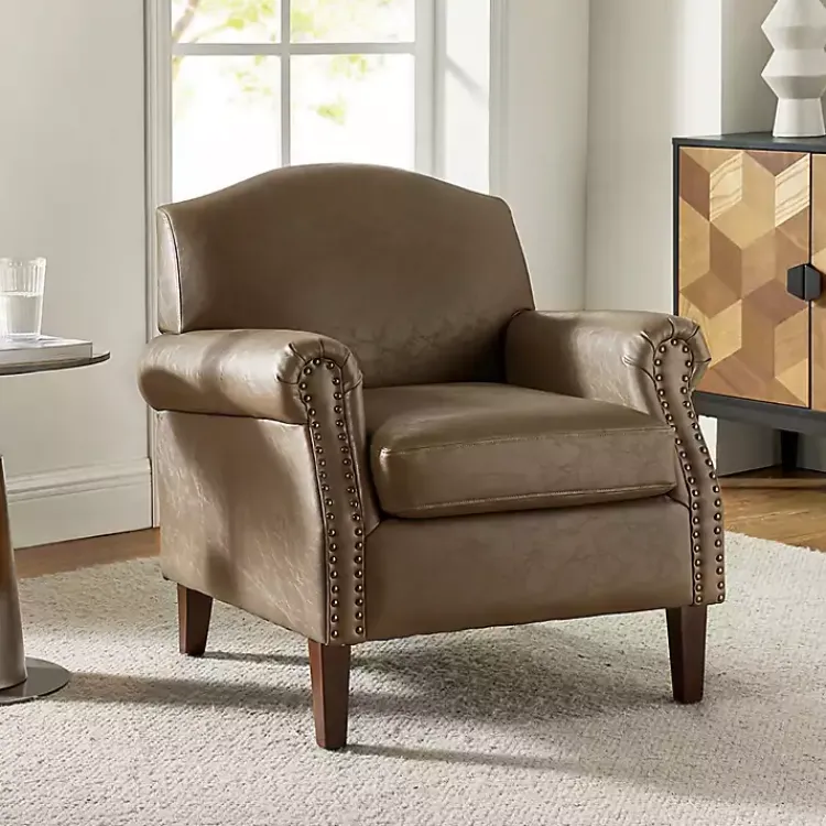 Accent Chairs-Kirklands Home Taupe Faux Leather Nailhead Taylor Armchair Brown