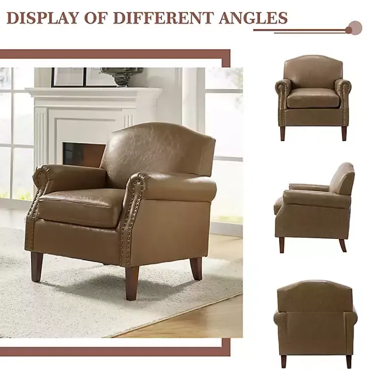 Accent Chairs-Kirklands Home Taupe Faux Leather Nailhead Taylor Armchair Brown
