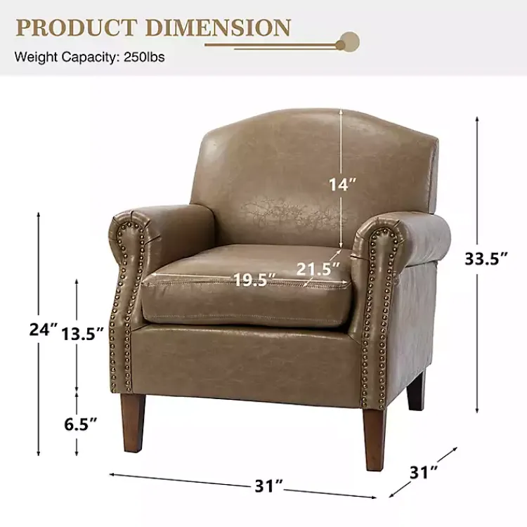 Accent Chairs-Kirklands Home Taupe Faux Leather Nailhead Taylor Armchair Brown