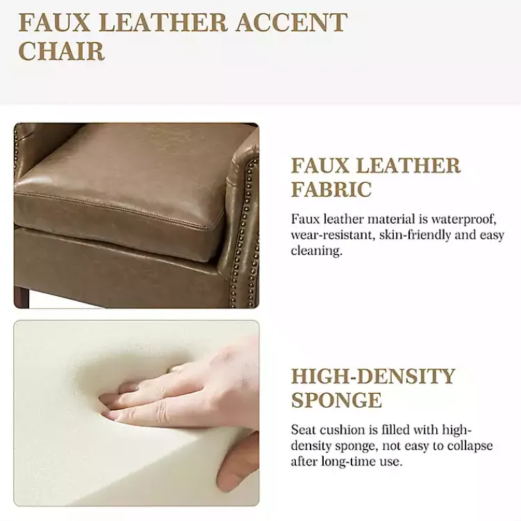 Accent Chairs-Kirklands Home Taupe Faux Leather Nailhead Taylor Armchair Brown
