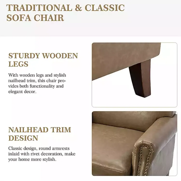 Accent Chairs-Kirklands Home Taupe Faux Leather Nailhead Taylor Armchair Brown