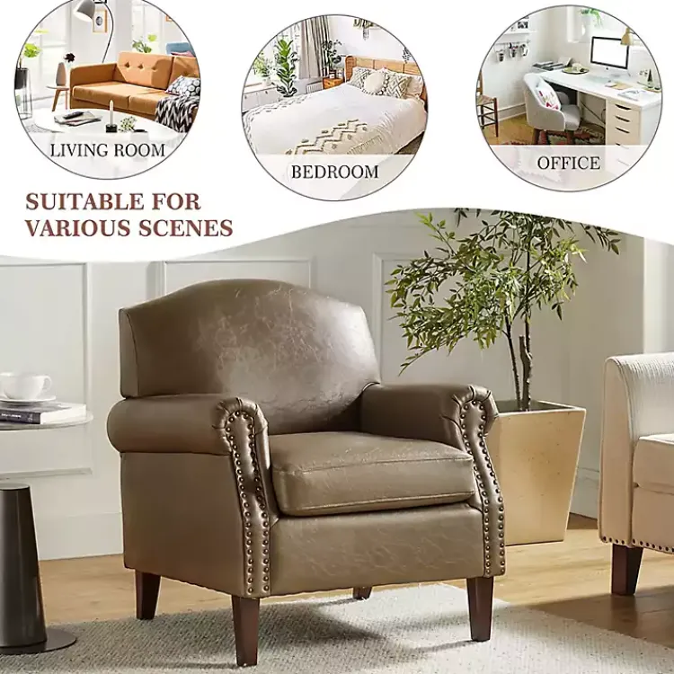 Accent Chairs-Kirklands Home Taupe Faux Leather Nailhead Taylor Armchair Brown