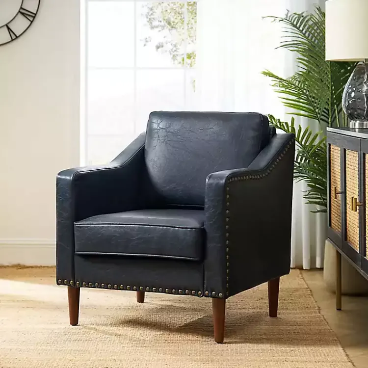Accent Chairs-Kirklands Home Navy Faux Leather Bonita Accent Chair Blue