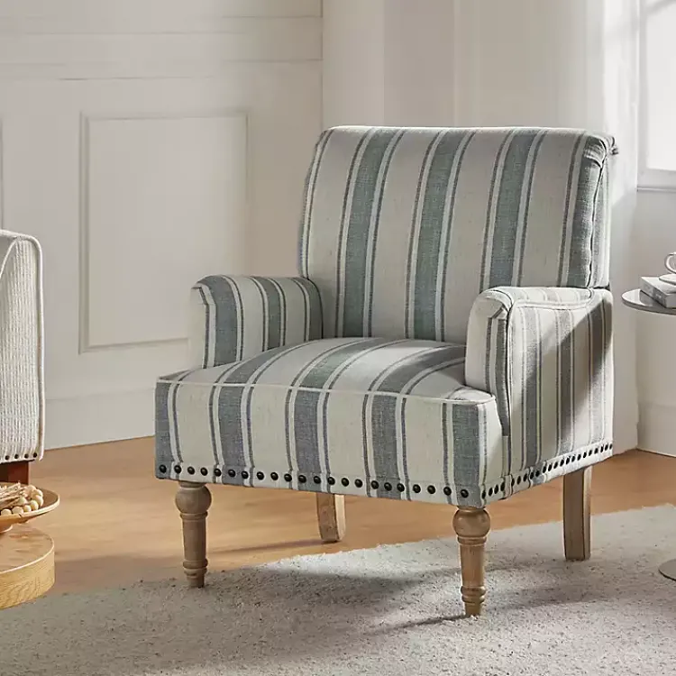 Accent Chairs-Kirklands Home Blue and Ivory Striped Accent Chair