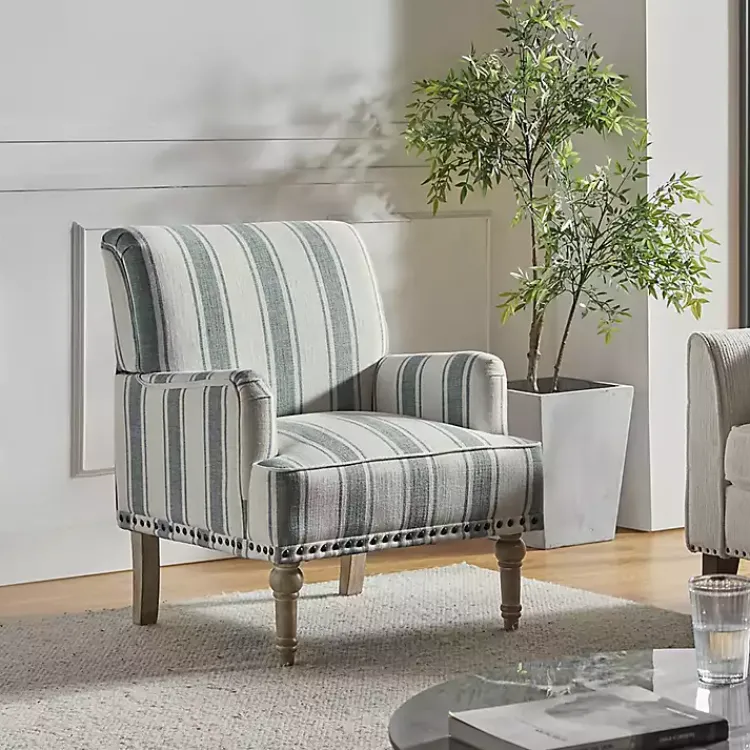 Accent Chairs-Kirklands Home Blue and Ivory Striped Accent Chair