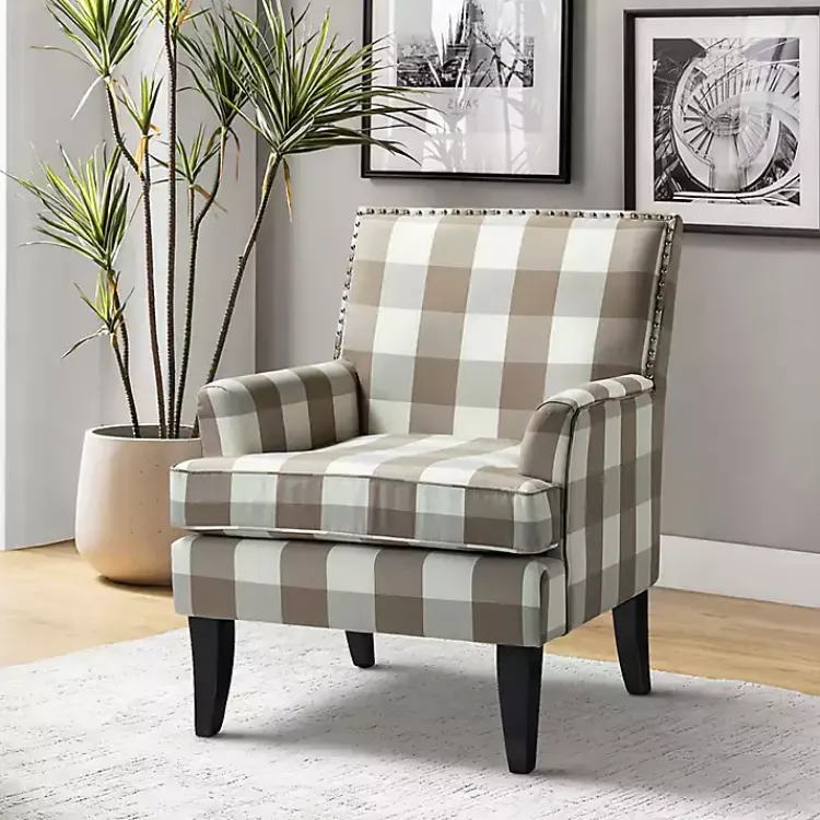 Accent Chairs-Kirklands Home Beige Buffalo Check Upholstered Armchair Brown