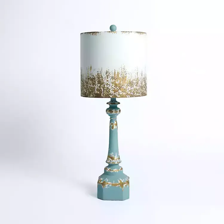 Table Lamps-Kirklands Home Distressed Blue Painted Metal Shade Table Lamp
