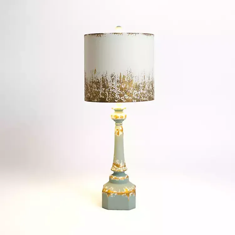 Table Lamps-Kirklands Home Distressed Blue Painted Metal Shade Table Lamp