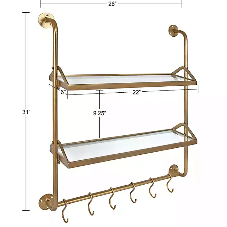 Shelves-Kirklands Home Merit Gold Metal Wall Shelf with Hooks