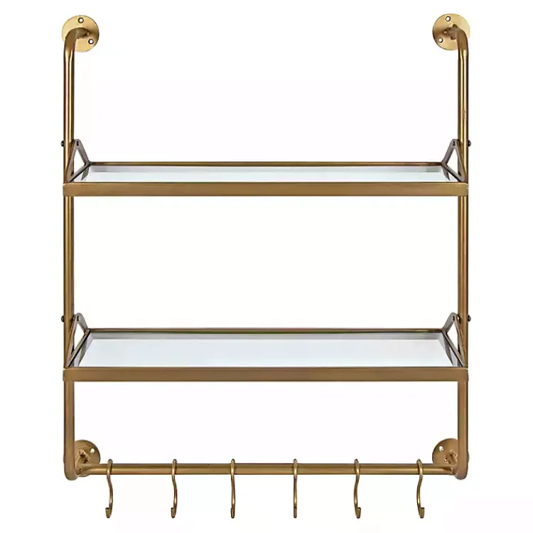 Shelves-Kirklands Home Merit Gold Metal Wall Shelf with Hooks