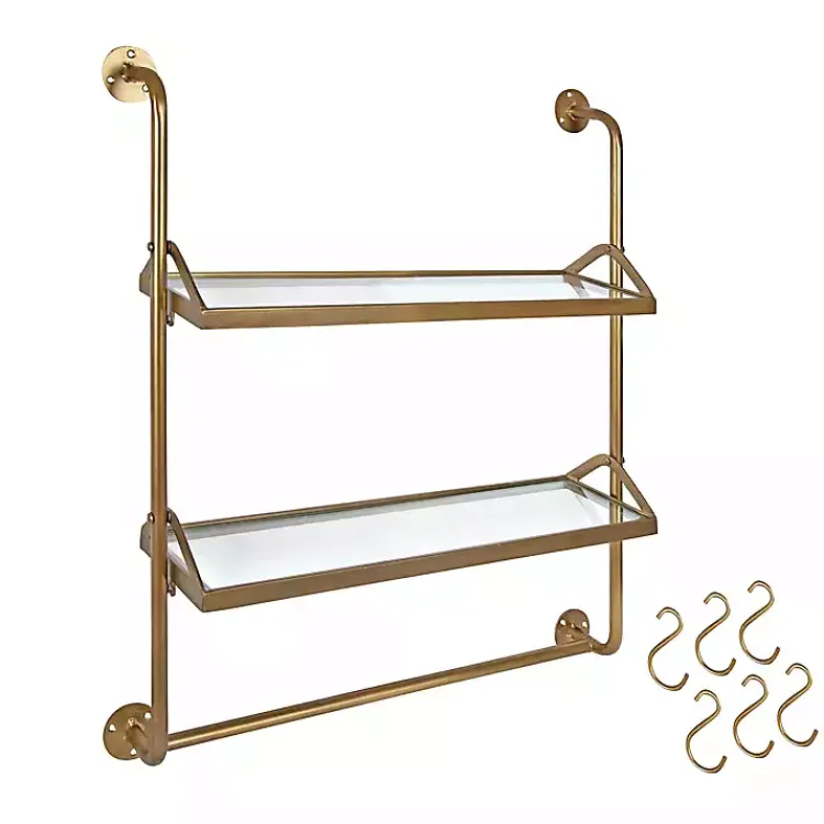 Shelves-Kirklands Home Merit Gold Metal Wall Shelf with Hooks