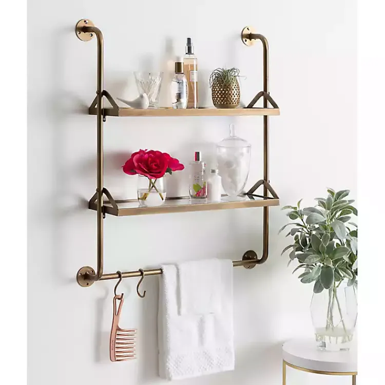Shelves-Kirklands Home Merit Gold Metal Wall Shelf with Hooks