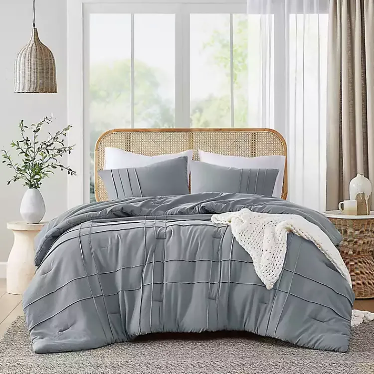 Comforters-Kirklands Home Gray Pleated Grid 3-pc. Queen Comforter Set Blue