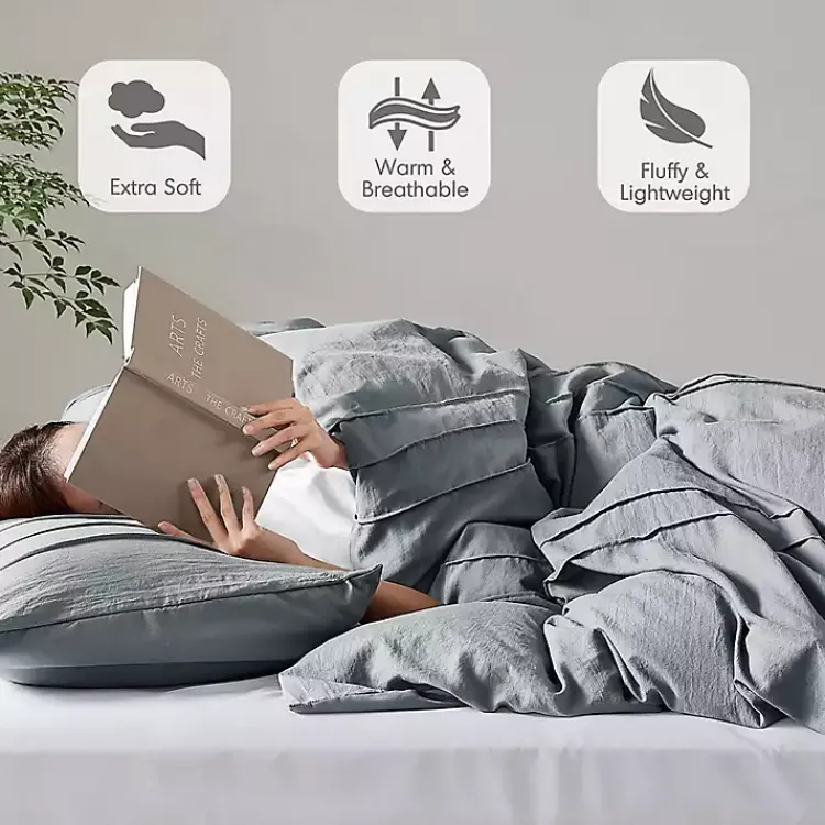 Comforters-Kirklands Home Gray Pleated Grid 3-pc. Queen Comforter Set Blue