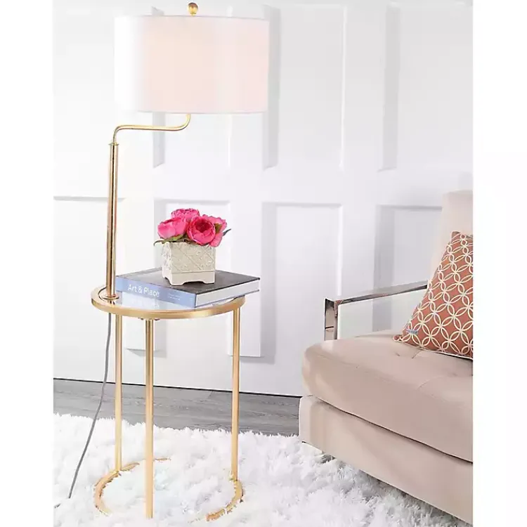 Floor Lamps-Kirklands Home Gold Metal Floor Lamp with Round Side Table White