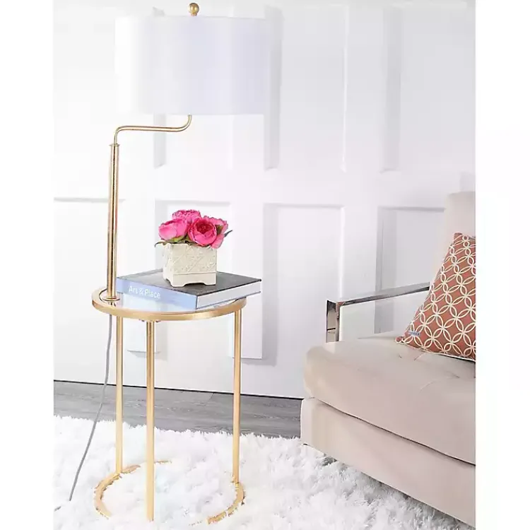 Floor Lamps-Kirklands Home Gold Metal Floor Lamp with Round Side Table White