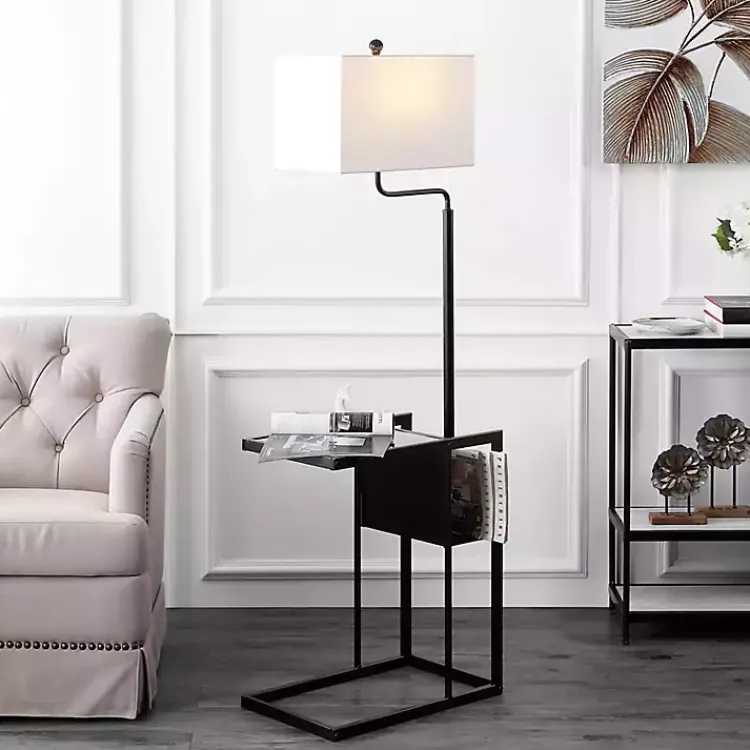 Floor Lamps-Kirklands Home Black Metal Floor Lamp with Glass Tabletop White