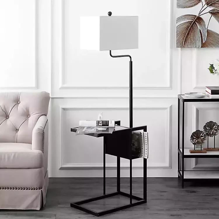 Floor Lamps-Kirklands Home Black Metal Floor Lamp with Glass Tabletop White
