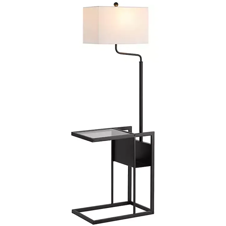 Floor Lamps-Kirklands Home Black Metal Floor Lamp with Glass Tabletop White