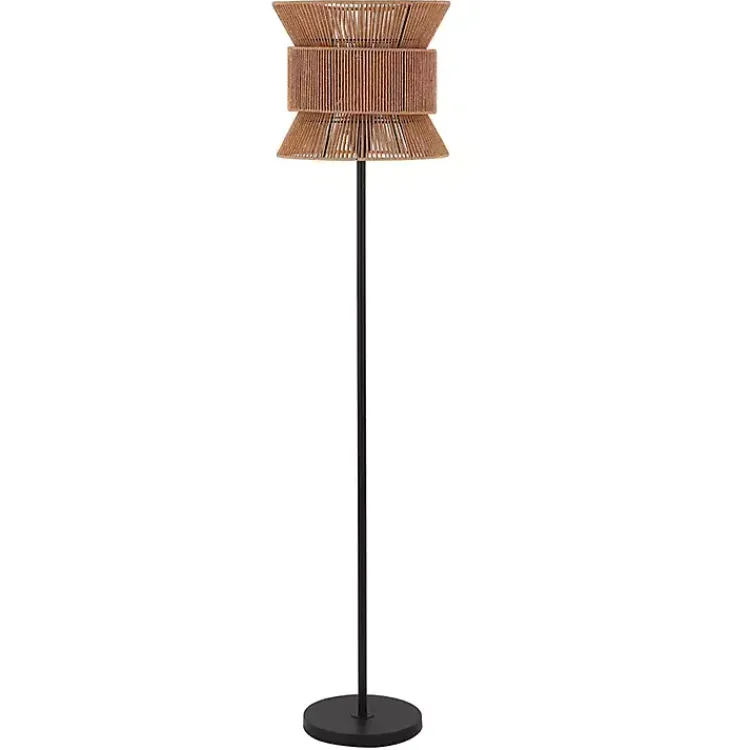 Floor Lamps-Kirklands Home Black Floor Lamp with Natural Woven Shade Brown