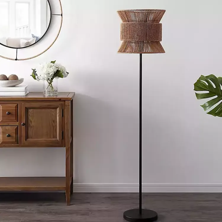 Floor Lamps-Kirklands Home Black Floor Lamp with Natural Woven Shade Brown