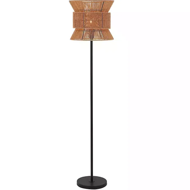 Floor Lamps-Kirklands Home Black Floor Lamp with Natural Woven Shade Brown