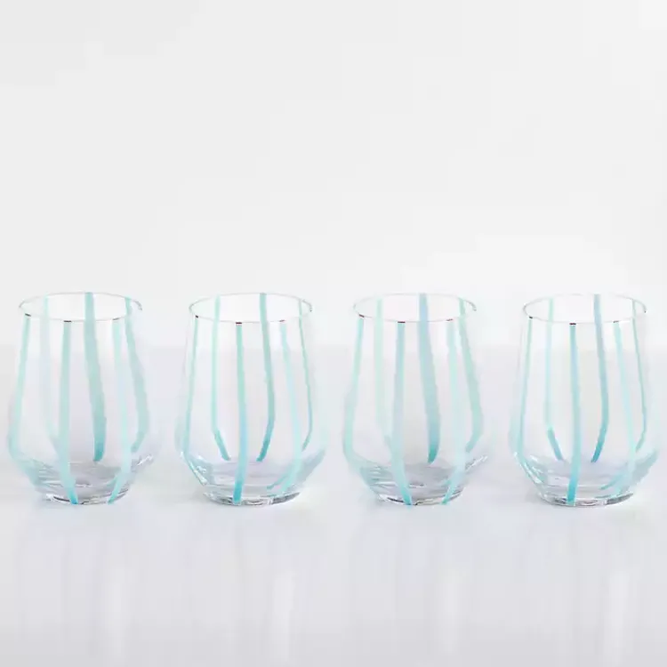 Glassware & Drinkware-Kirklands Home Blue Striped Stemless Wine Glasses, Set of 4