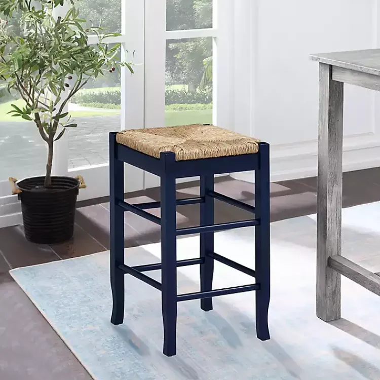 Bar Stools & Counter Height Stools-Kirklands Home Navy Handwoven Square Wooden Counter Stool Blue