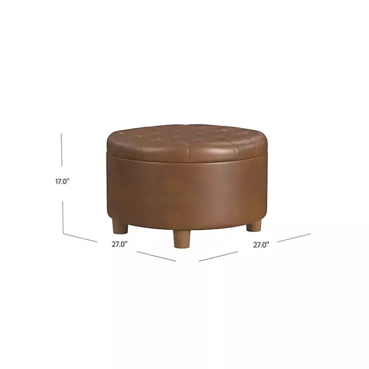 Benches & Ottomans-Kirklands Home Round Faux Leather Tufted Storage Ottoman Brown