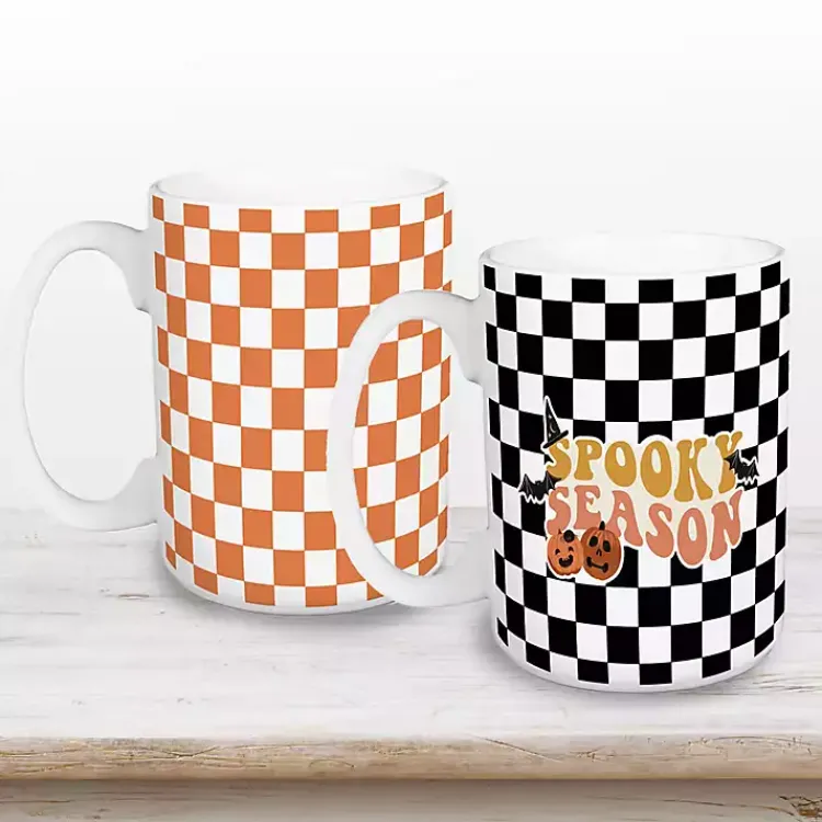 Glassware & Drinkware-Kirklands Home Checkered Spooky Season Halloween Mugs, Set of 2