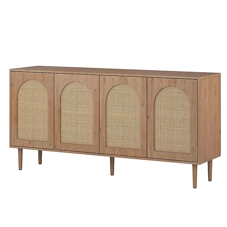 Cabinets & Sideboards-Kirklands Home Oak and Natural Rattan 4-Door Sideboard Brown