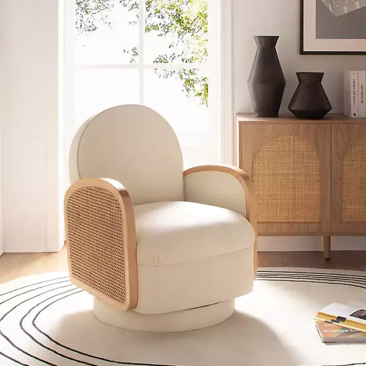Accent Chairs-Kirklands Home & Natural Rattan Swivel Accent Chair Ivory