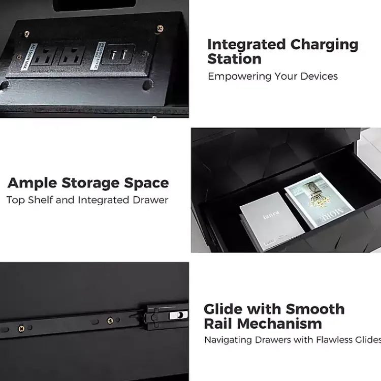 Nightstands-Kirklands Home Geometric 2-Drawer Charging Nightstand Black