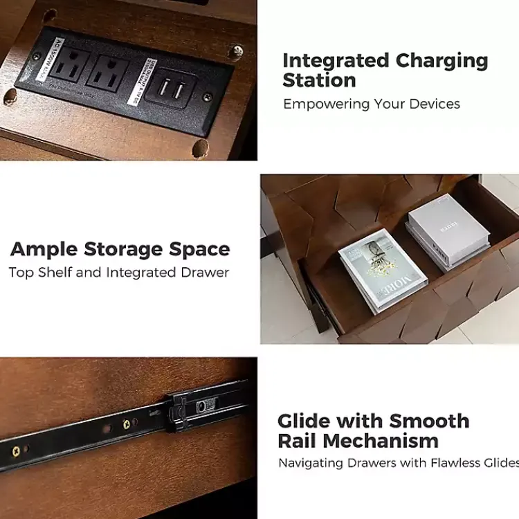 Nightstands-Kirklands Home Walnut Geometric 2-Drawer Charging Nightstand Brown