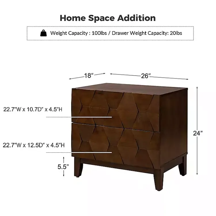 Nightstands-Kirklands Home Walnut Geometric 2-Drawer Charging Nightstand Brown