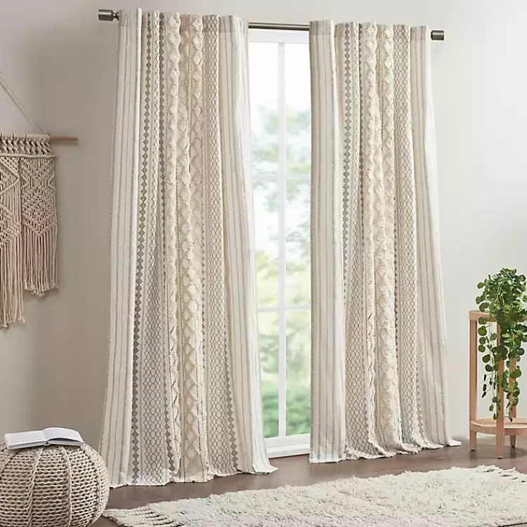 Curtains & Drapes-Kirklands Home Imani Cream Chenille Stripe Curtain Panel, 84 in. Ivory