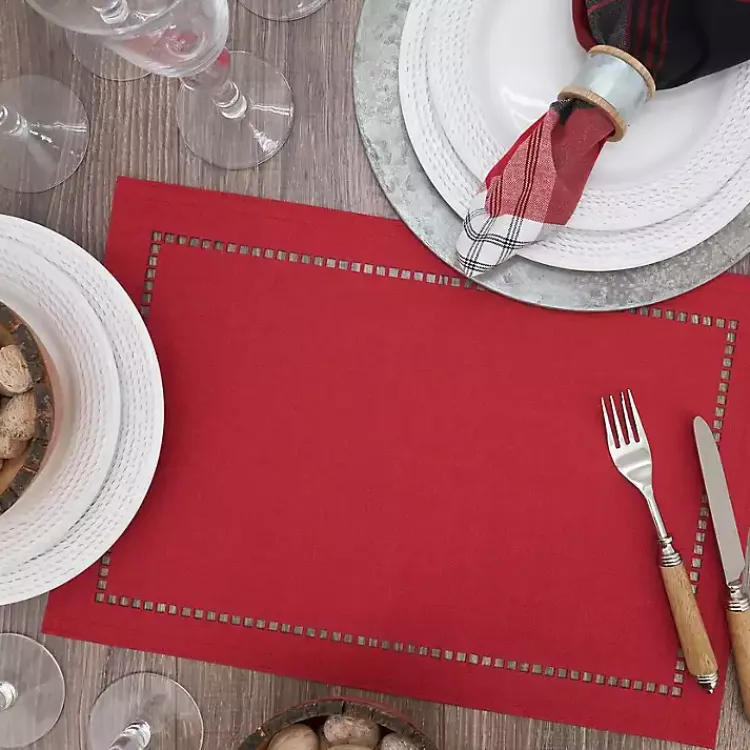Table Linens-Kirklands Home Hemstitch Laser-Cut Placemats, Set of 4 Red