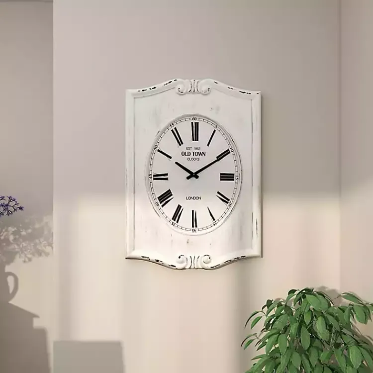 Clocks-Kirklands Home Distressed White Wood Scroll Wall Clock