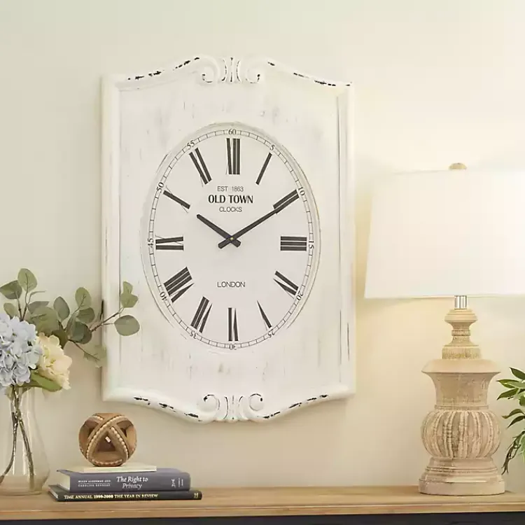 Clocks-Kirklands Home Distressed White Wood Scroll Wall Clock