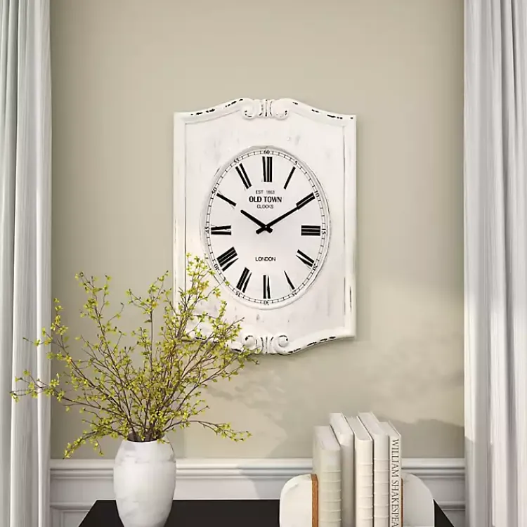 Clocks-Kirklands Home Distressed White Wood Scroll Wall Clock