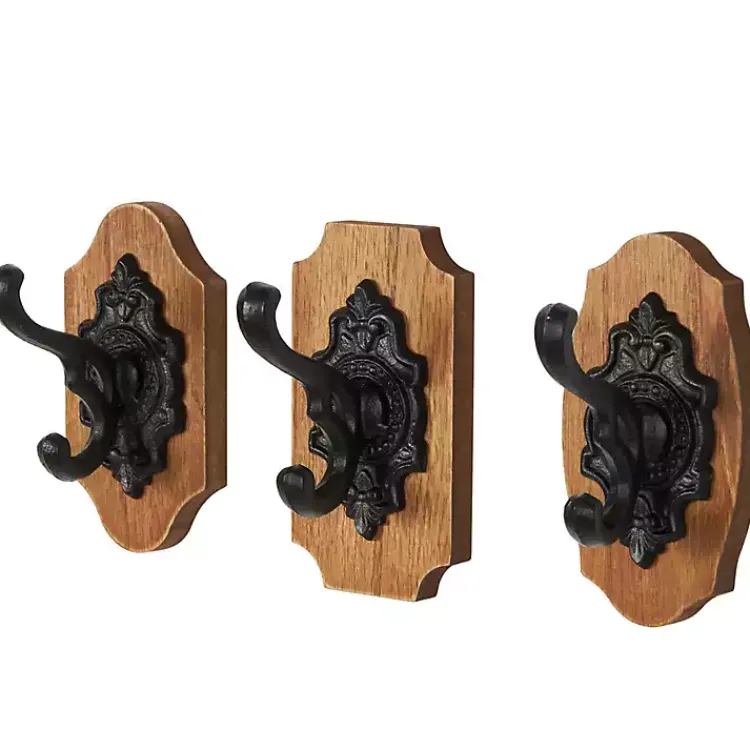 Hooks-Kirklands Home Black Metal and Wood Wall Hooks, Set of 3