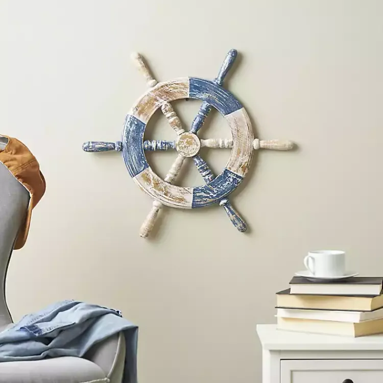 Wall Plaques-Kirklands Home Blue and White Ship Wheel Wall Plaque
