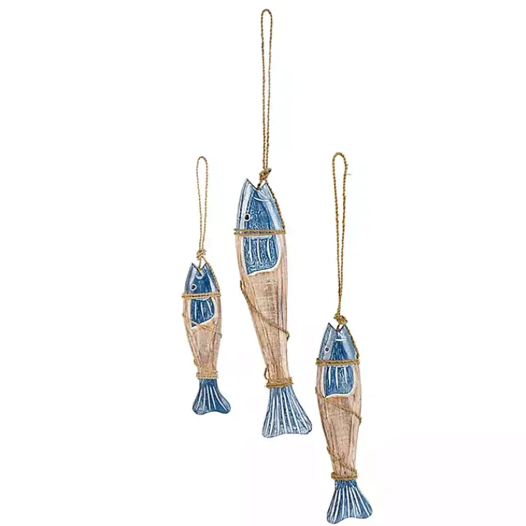 Wall Plaques-Kirklands Home Blue Wood Fish Hanging Wall Plaques, Set of 3