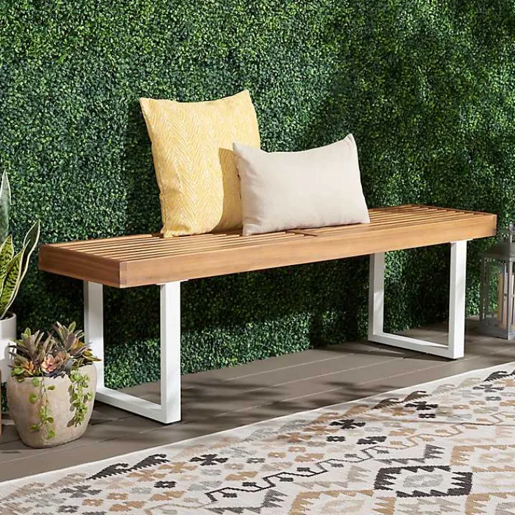 Outdoor Seating-Kirklands Home Acacia Wood and Metal Monti Outdoor Bench White